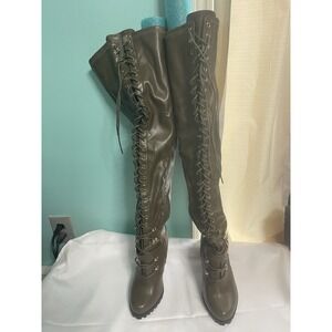 Faux Leather Knee Boot Army Green Women size 8 New